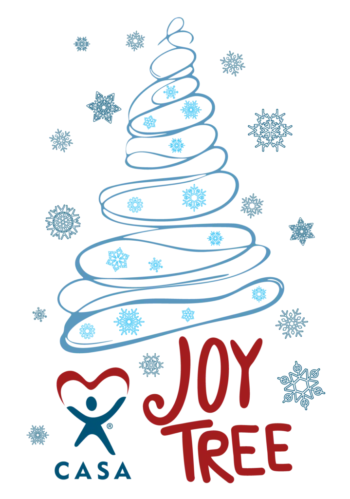 A snowy Christmas tree logo with the words CASA Joy Tree underneath.